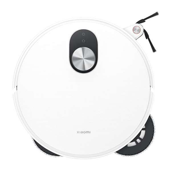 A white Xiaomi robotic vacuum cleaner shown from a top-down angle on a plain white background, with a black control panel, silver center button, and visible cleaning brushes.