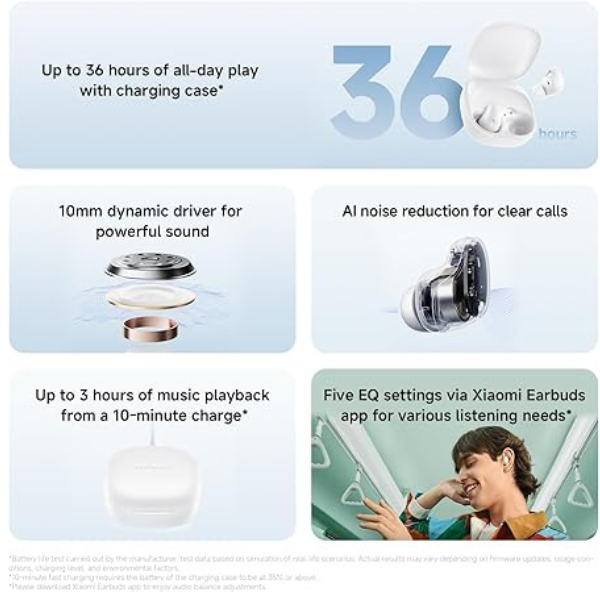 سماعات شاومي ريدمي بودز 6 بلاي: لاسلكية، تشغيل لمدة 36 ساعة، تقنية تقليل الضوضاء بالذكاء الاصطناعي