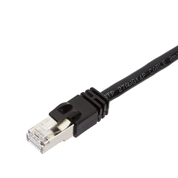 A close-up of a black Ethernet cable with an RJ45 connector, showing the cable jacket printed with 'FTP 27AWG4P CABLE 2M' on a plain white background.
