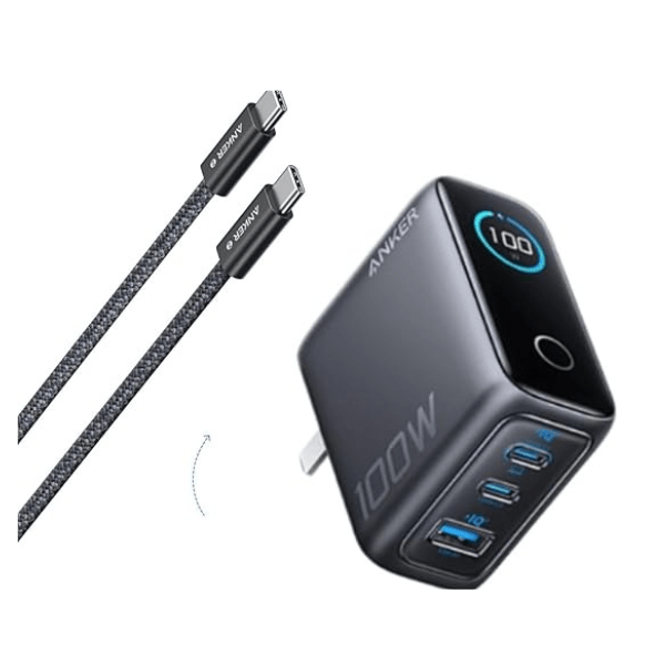 Anker Zolo 100W GaN charger with smart display and USB-C cable – front view