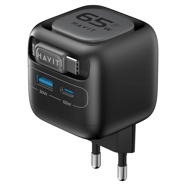 Havit 65W GaN travel charger UC253 EU with retractable cable – front view black