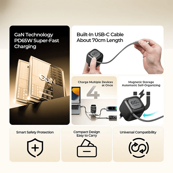 Havit 65W GaN Travel Charger UC253 EU with Retractable Cable Black Havit Egypt