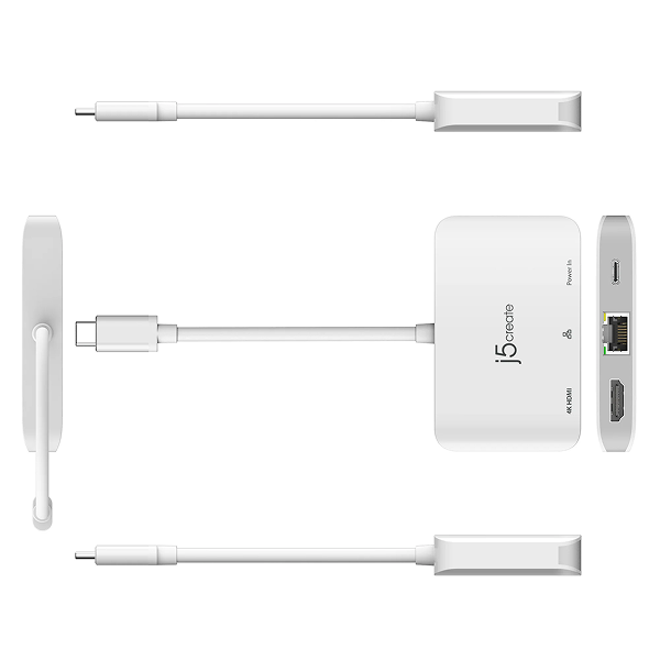 j5create JCA351USB - Cto 4K HDMI Ethernet Adapter - DokkanTech White electronic device with multiple connectors on a white background