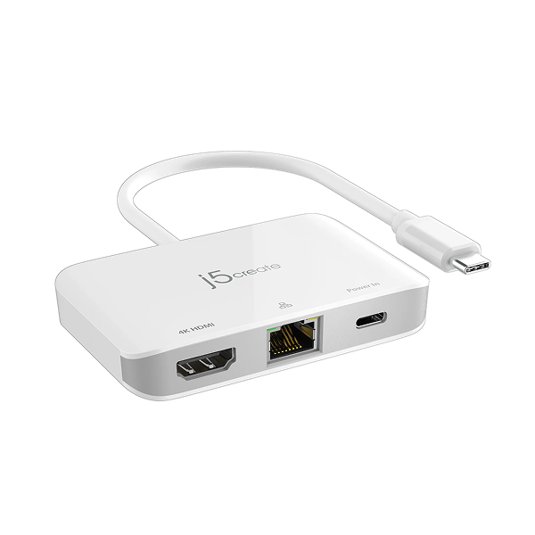 j5create JCA351USB - Cto 4K HDMI Ethernet Adapter - DokkanTech White USB-C hub with multiple ports on a white background