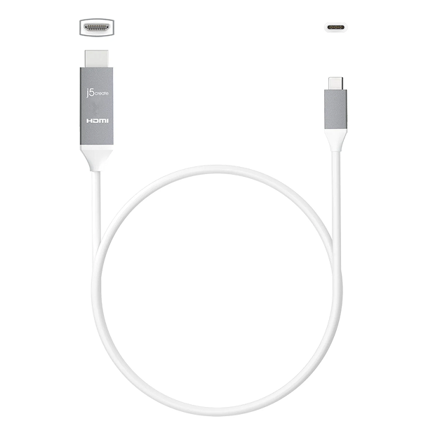 j5create JCC153G USB-C to 4K HDMI Cable - DokkanTech White charging cable with USB-C and Lightning connectors on a white background