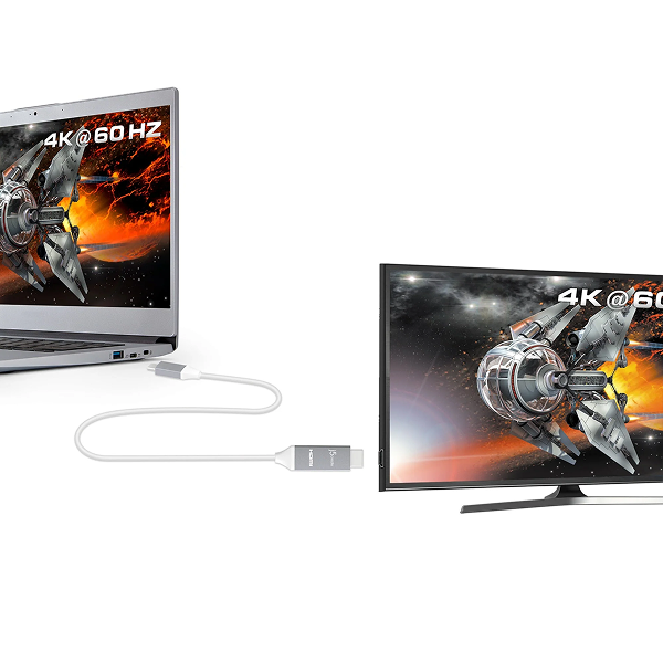 j5create JCC153G USB-C to 4K HDMI Cable - DokkanTech A white USB adapter cable shown connecting a laptop to a 4K 60Hz monitor on a plain white background.