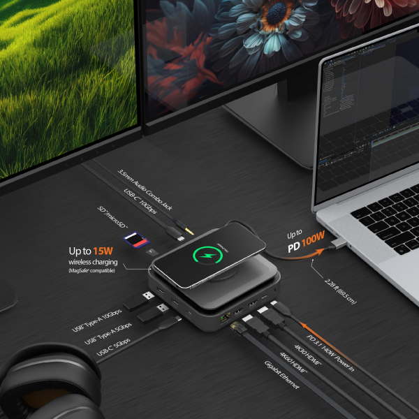 Multi-port USB-C hub with laptop, monitor, and mouse on a desk