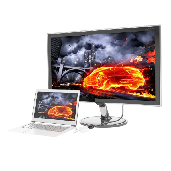 j5create JDA154 DisplayPort to HDMI Adapter Monitor and laptop displaying a fiery car graphic on a white background