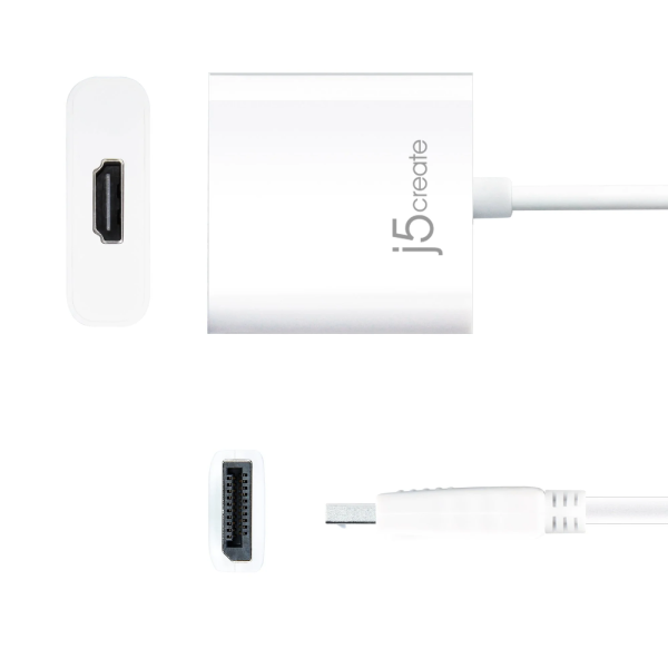 j5create JDA154 DisplayPort to HDMI Adapter White HDMI to USB-C adapter with a white cable, showing the main adapter block, HDMI input port, and USB-C output port on a plain white background. The brand name 'j5create' is printed on the adapter.