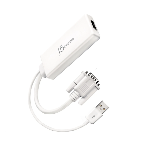 A white J5create USB to serial adapter cable with a white USB connector and a multi-pin serial port connector, shown on a plain white background.