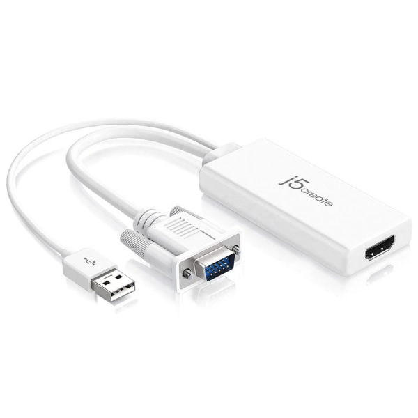 USB adapter with VGA and HDMI ports on a white background