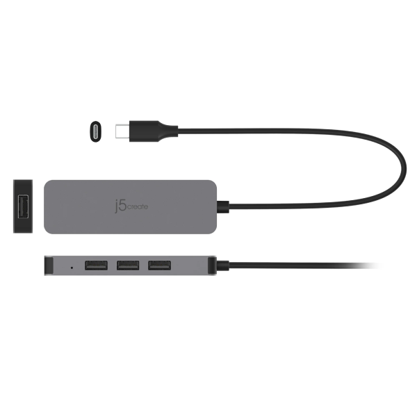 USB-C hub with multiple ports and a cable on a white background