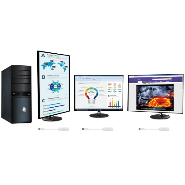 Computer setup with a tower, three monitors, and cables on a white background