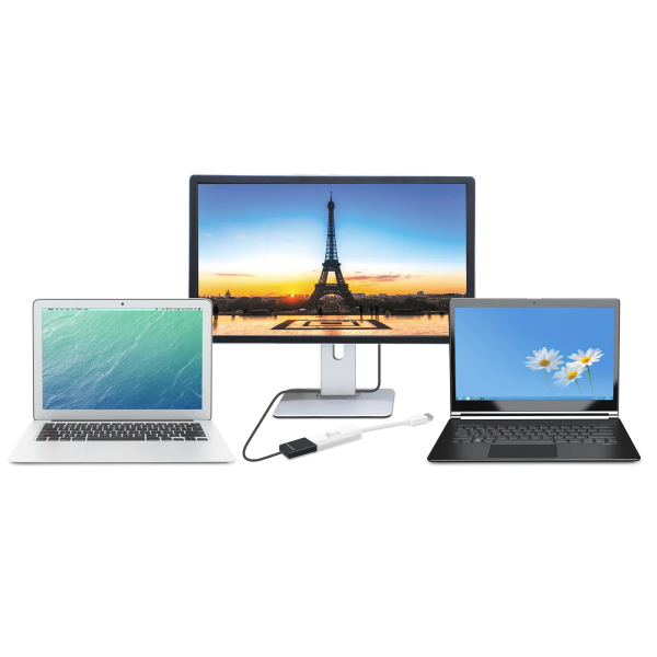 Two laptops and a monitor displaying different images on a white background