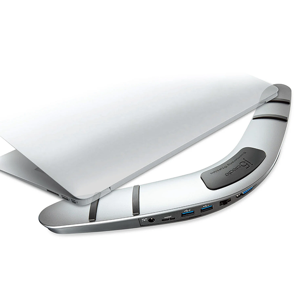 j5create JUD481 Boomerang Station - Universal USB 3.0 Docking Station - DokkanTech Laptop with a docking station featuring multiple ports on a white background