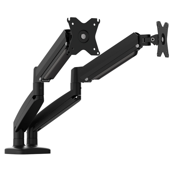 Black dual monitor stand on a white background