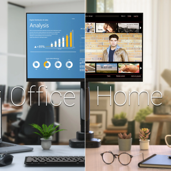 Two computer monitors displaying different screens with 'Office' and 'Home' text.