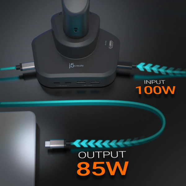USB-C hub with cables and power ratings displayed on a dark background