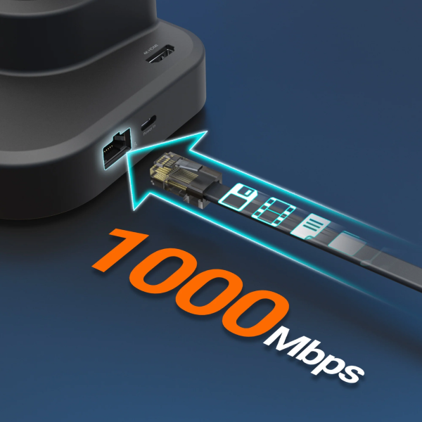 Network cable connected to a device with '1000 Mbps' text on a blue background