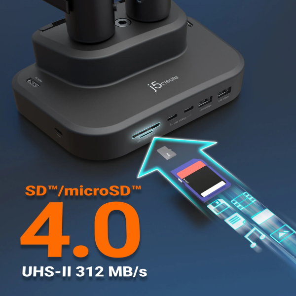Black USB hub with SD/microSD card reader on a blue background