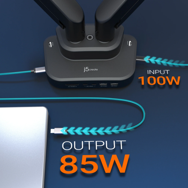 A 100W to 85W USB-C power adapter with dual antennas, shown with a laptop and teal cable graphics on a dark blue background.