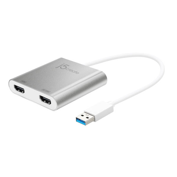 USB adapter with HDMI and USB-C ports on a white background