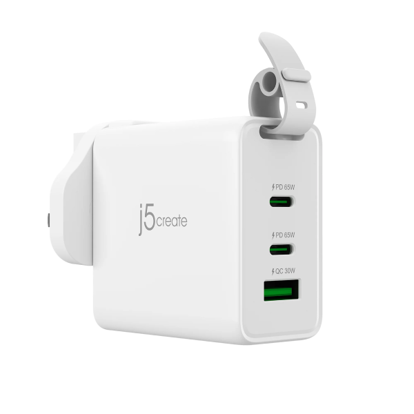 White charging adapter with multiple ports on a white background