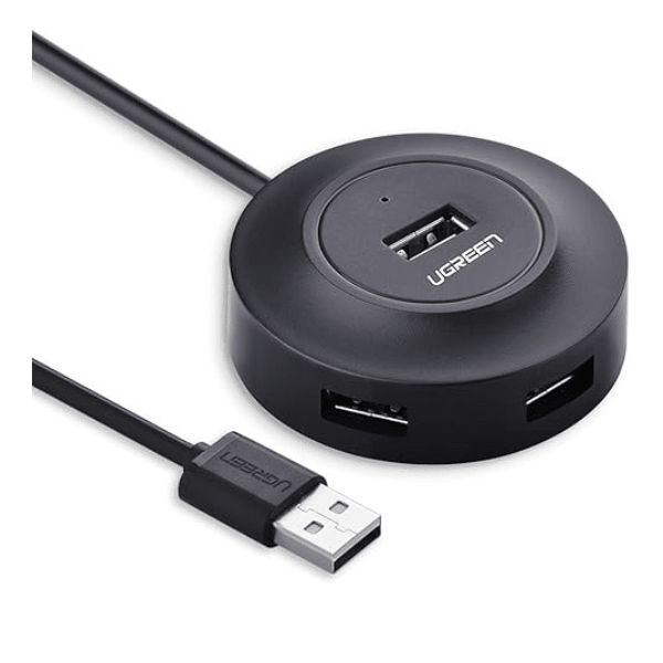 Ugreen CR106 USB 2.0 hub 4 ports 1m cable plug and play – front view black