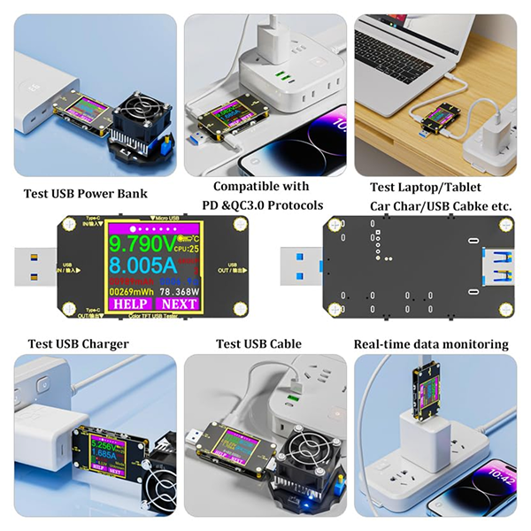 A 6-panel collage demonstrating a multi-port USB power testing and charging device. The panel titles include 'Test USB Power Bank', 'Compatible with PD & QC3.