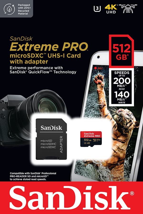 SanDisk Extreme Pro microSD UHS I Card 512GB, 200MB/s Read, 140MB/s Write - DokanTech #