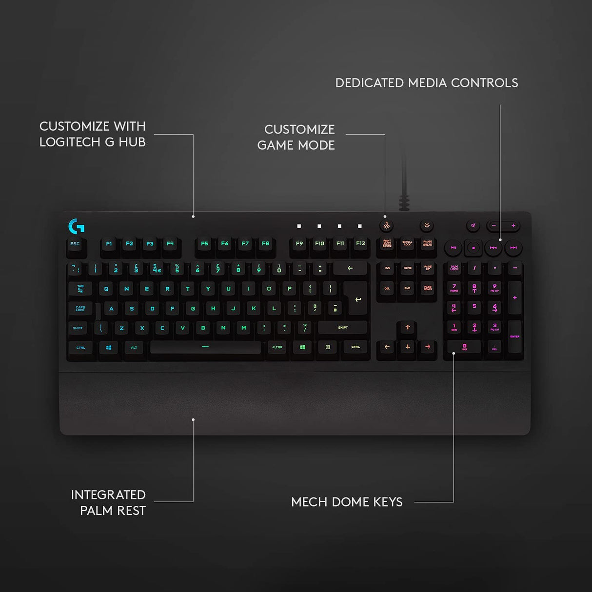 Logitech G213 Prodigy RGB keyboard – wrist rest detail