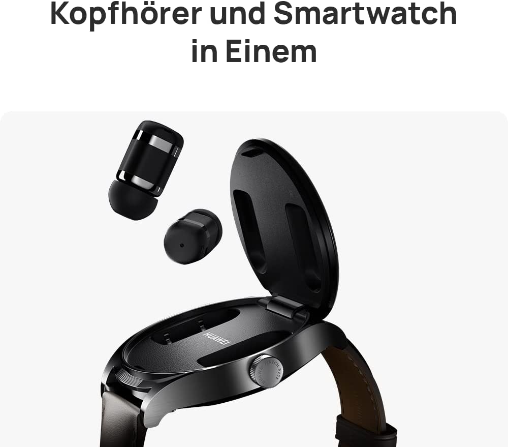 Huawei Watch Buds 1.43 بوصة AMOLED، هيكل من الفولاذ المقاوم للصدأ، سماعات أذن، GPS، NFC - حزام جلد أسود 