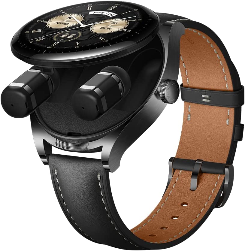 Huawei Watch Buds 1.43 بوصة AMOLED، هيكل من الفولاذ المقاوم للصدأ، سماعات أذن، GPS، NFC - حزام جلد أسود 