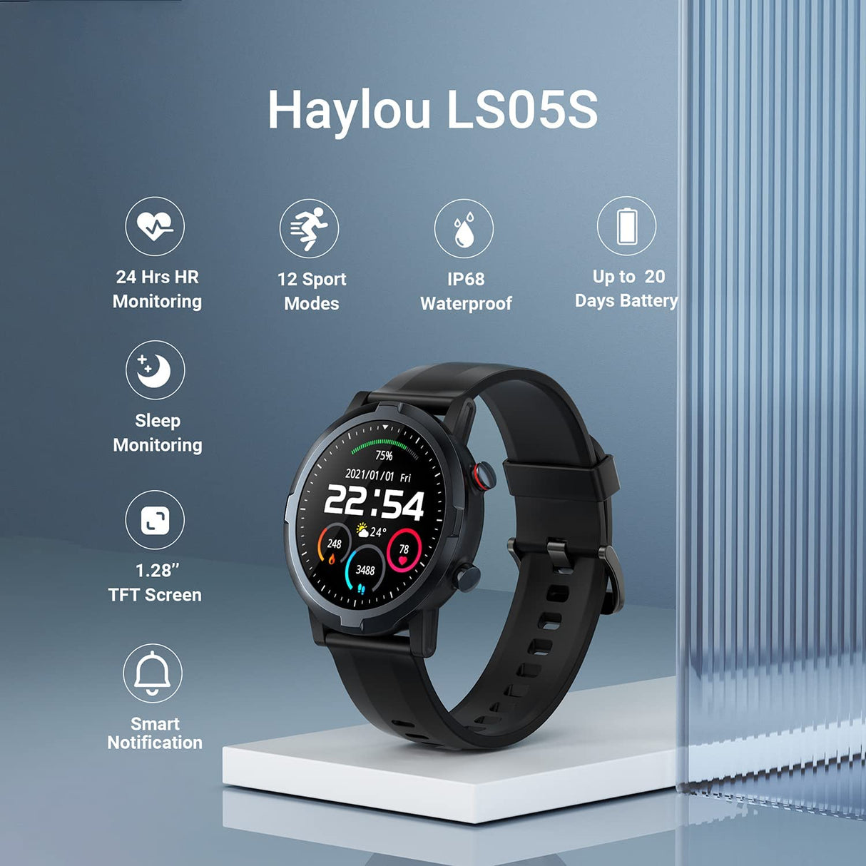 HAYLOU LS05S Men's & Women's Health & Fitness Tracker Smartwatch with Heart Rate Monitor for Apple iOS iPhone/Android (46mm)