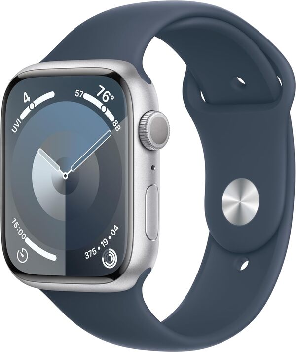 Apple Watch Series 9 هيكل من الألومنيوم مع سوار رياضي باللون الأزرق العاصف مقاس 45 ملم (نظام تحديد المواقع العالمي) 