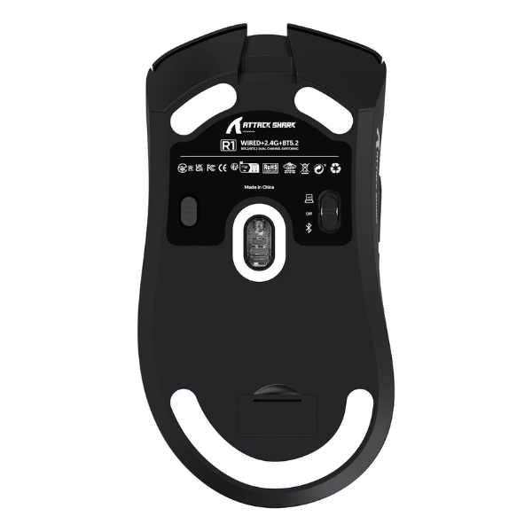 ATTACKSHARKR1Tri-ModeWirelessGamingMouse_PAW3311SuperlightBlackUnderView-DokkanTech