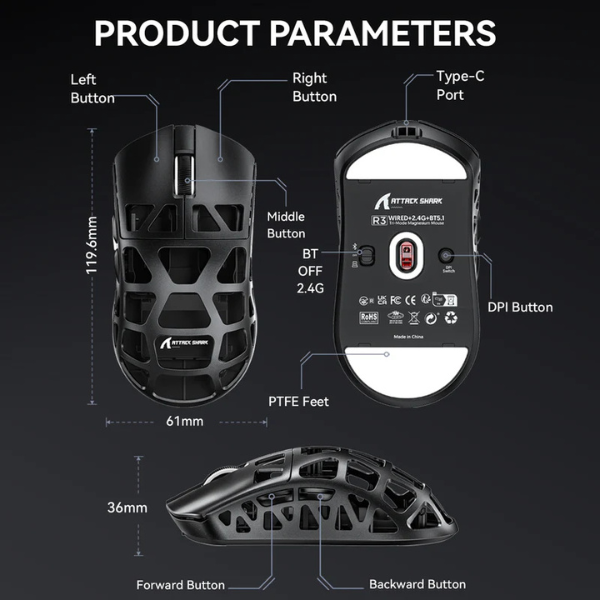 ATTACKSHARKR3MagnesiumAlloyTri-ModeGamingMouse_PAW33958KSuperlightWhiteProductParameters-DokkanTech