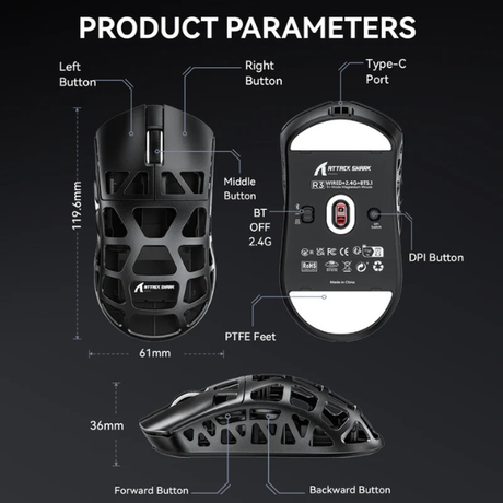ATTACKSHARKR3MagnesiumAlloyTri-ModeGamingMouse_PAW33958KSuperlightWhiteProductParameters-DokkanTech
