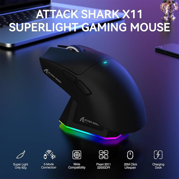 ATTACKSHARKX11WirelessGamingMousewithChargingDockBlackSpecs-DokkanTech