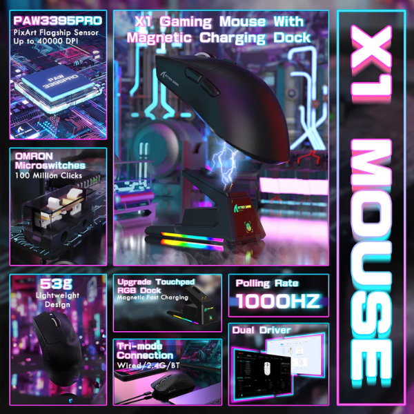 ATTACKSHARKX1Tri-ModeGamingMousewithRGBMagneticChargingDockBlackAllFeatures-DokkanTech