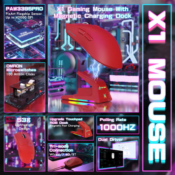 ATTACKSHARKX1Tri-ModeGamingMousewithRGBMagneticChargingDockRedAllFeatures-DokkanTech