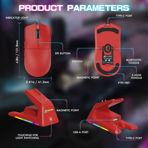 ATTACKSHARKX1Tri-ModeGamingMousewithRGBMagneticChargingDockRedProductParameters-DokkanTech