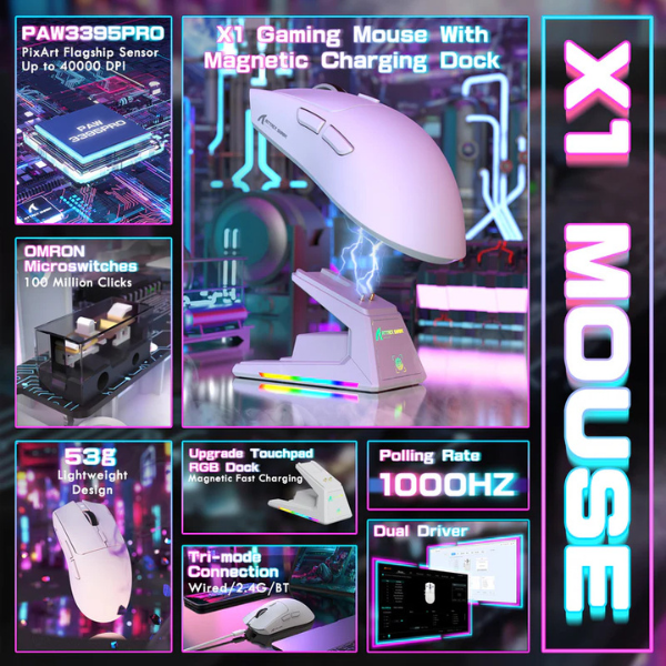 ATTACKSHARKX1Tri-ModeGamingMousewithRGBMagneticChargingDockWhiteAllFeatures-DokkanTech