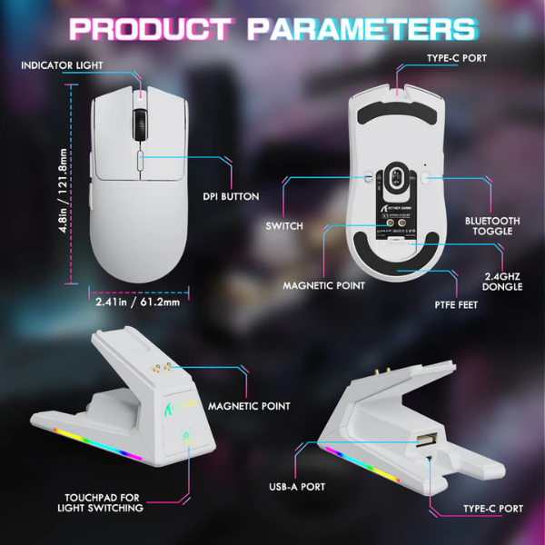 ATTACKSHARKX1Tri-ModeGamingMousewithRGBMagneticChargingDockWhiteProductParameters-DokkanTech