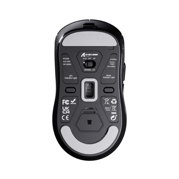 ATTACKSHARKX3Tri-ModeWirelessGamingMouse_PixArtPAW3395SuperlightBlackUnderView-DokkanTech