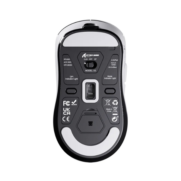 ATTACKSHARKX3Tri-ModeWirelessGamingMouse_PixArtPAW3395SuperlightWhiteUnderView-DokkanTech