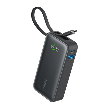 Anker Nano Power Bank 10000mAh 30W with built-in USB-C cable, black, front view