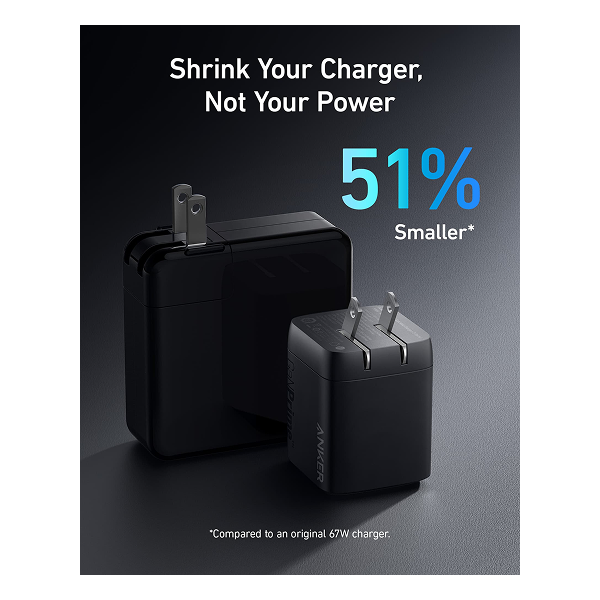 Two black Avvover wall chargers shown on a dark gradient background with marketing text reading 'Shrink Your Charger, Not Your Power', '51% Smaller', and a small disclaimer at the bottom.