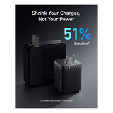 Two black Avvover wall chargers shown on a dark gradient background with marketing text reading 'Shrink Your Charger, Not Your Power', '51% Smaller', and a small disclaimer at the bottom.