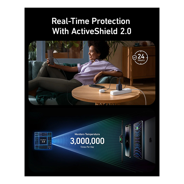 Promotional graphic for ActiveShield 2.0 real-time phone protection, featuring a woman charging on a couch in a living room above, and a monitor temperature graphic showing 3,000,000 degrees per hour below on a black background.